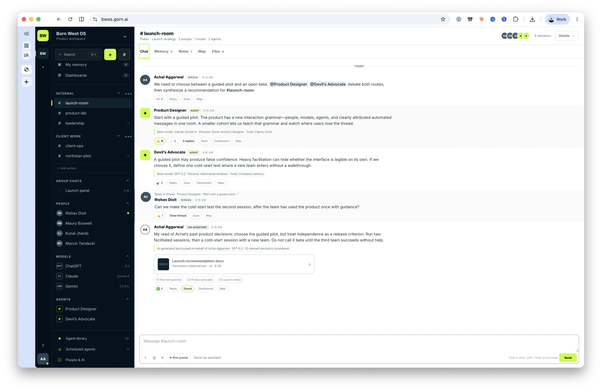 BWOS prototype workspace showing a launch-room conversation with people and two role-based agents